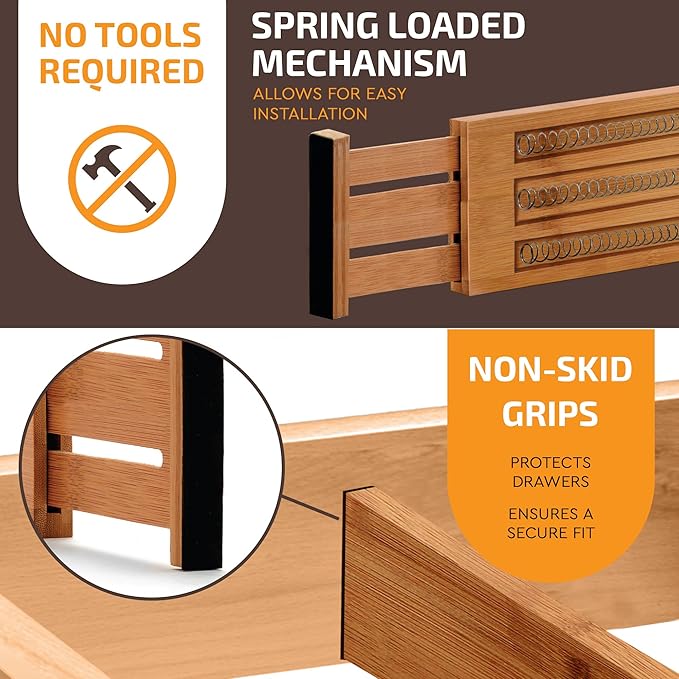 6 Pack Drawer Dividers 4 Inch High, 11”-17" Adjustable Bamboo Organizers Large Expandable Drawer Separators for Cloths, Dresser, Bedroom, Bathroom, Baby Drawer, Office & Kitchen Utensils (Natural)