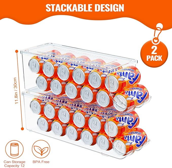 2 Pack Soda Can Organizer for Refrigerator, Stackable Canned Food Pop Cans Container Can Holder Dispenser with Lid for Fridge Rack Freezer, Clear Storage Bins-Holds 12 Cans Each (Clear)