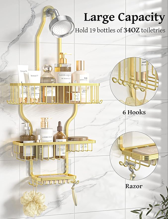YASONIC Never Rust Shower Caddy Hanging Organizer - Aluminum Over-the-Showerhead Rack With 10 Hooks for Razor/Sponge and Soap Basket - Gold