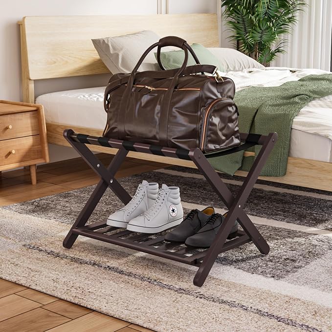 Smuxee Fully Assembled Brown Luggage Rack, Upgraded Bamboo Foldable Suitcase Stand with 5 Nylon Straps, Luggage Holder with Shelf for Guest Room Bedroom Hotel