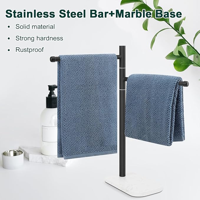 Hand Towel Holder, F-Shape Hand Towel Stand with Marble Base, Stainless Steel Swivel Hand Towel Rack Bar Standing for Bathroom Kitchen Countertop, 2 Arms (Matte Black)