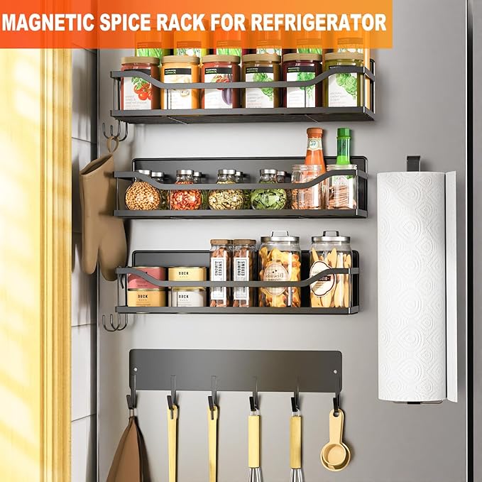 5 Pack Multifunctional Magnetic Shelves for Refrigerator Spice Rack & Washing Machine Organize, Include Paper Towel Holder, Kitchen Utensil Hanger and Hooks, Strong Magnet for Secure Hold (Black)