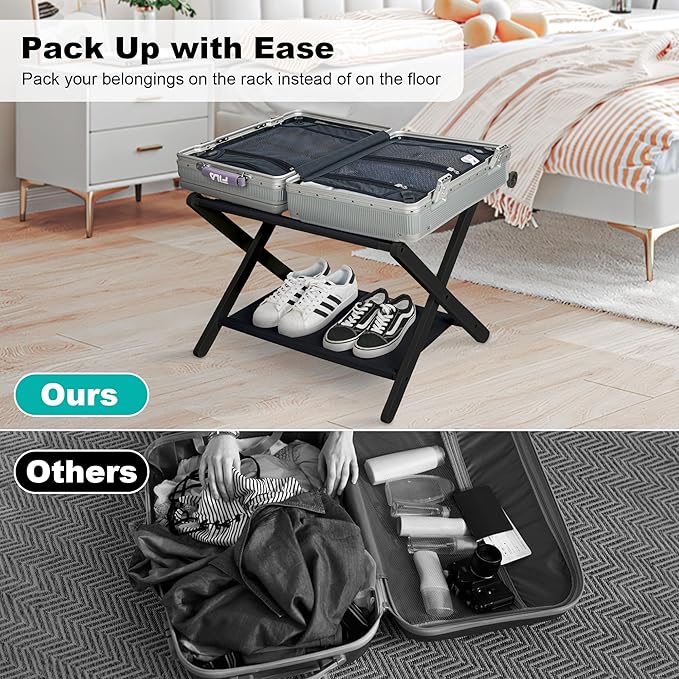 VASMIA Luggage Rack, Folding Suitcase Stand with Storage Shelf,Bamboo Luggage Stand for Guest Room,Bedroon and Hotel,Holds up to 131 lb,Fit Most Luggage Size,Black