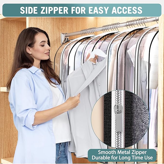 Clear Garment Bag for Hanging Clothes 10” Gusseted, 60” Suit Bags for Open Closet Storage Plastic Clothes Cover for Coat, Dress, Shirts, Fur, Jacket, Wardrobe Protectors, 4 Pack