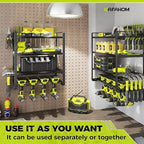 KAFAHOM Power Tool Organizer Wall Mount, 4-Tier Drill Holder for Cordless Tools, 2-Pack Set, Garage Storage Rack with Side Hooks for Hammers & Pliers, Tool Organizer for Workshop/Utility Room