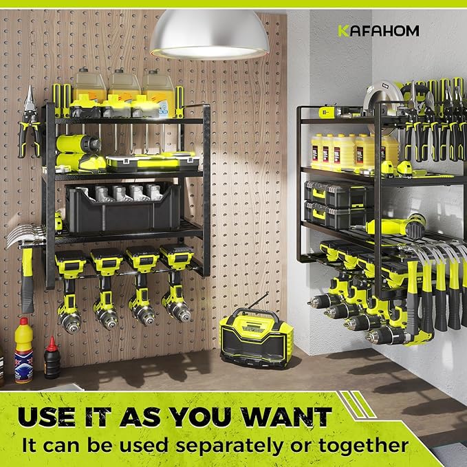 KAFAHOM Power Tool Organizer Wall Mount, 4-Tier Drill Holder for Cordless Tools, 2-Pack Set, Garage Storage Rack with Side Hooks for Hammers & Pliers, Tool Organizer for Workshop/Utility Room