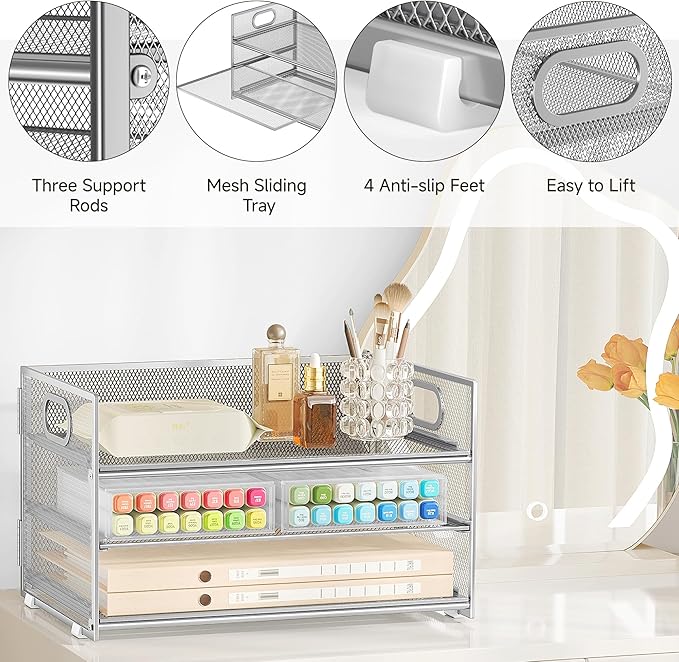 Subekyu 3 Tier Paper Desk Organizer with Handle and 1 PC Slideable Letter Tray, A4 Paper File Folder Sorter Metal Mesh Organizer for Home Office School Desk Supplies Organization Storage, Silver