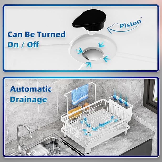 Dish Drying Rack, Stainless Steel-Dish Rack, Dish Racks for Kitchen Counter, Kitchen Dish Drainers with Removable Utensil Holder,New Drain Outlet,Plate Rack and Drainboard (White 3)