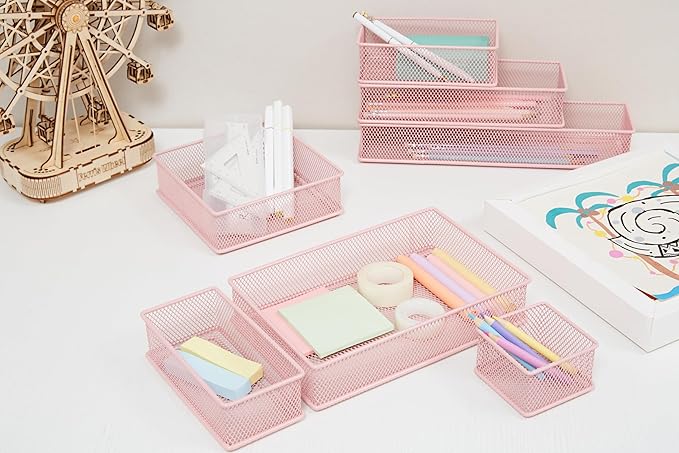 Annova Mesh Stackable Drawer Cabinet and Shelf Organizer Bins Storage Basket School Office Supply Holder Tray- Set of 2 (Light Pink, 3x12x2 Inch)