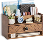 Brown Wood Desk Organizer and Accessories with Drawer, Bill Mail Organizer and File Mail Holder for Office Supplies, Desk Accessories & Workspace Organizers