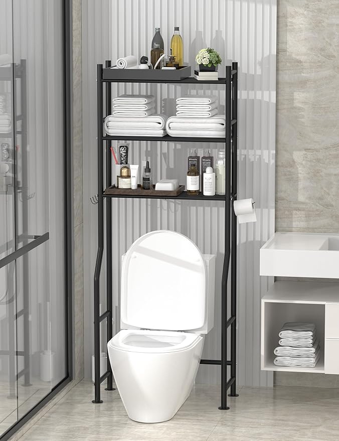 3-Tier Over The Toilet Storage, Freestanding Metal Bathroom Shelves with 4 Hooks, Over Toilet Storage Shelf with Paper Holder, Above The Toilet Shelf for Bathroom Storage, Black