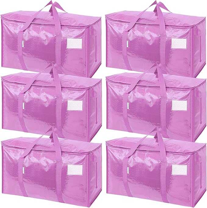 TICONN 6 Pack Extra Large Moving Bags Heavy Duty with Zippers & Carrying Handles, Durable Storage Bags Moving Boxes for Closet Organizers and Storage (6 Pack, Pink)