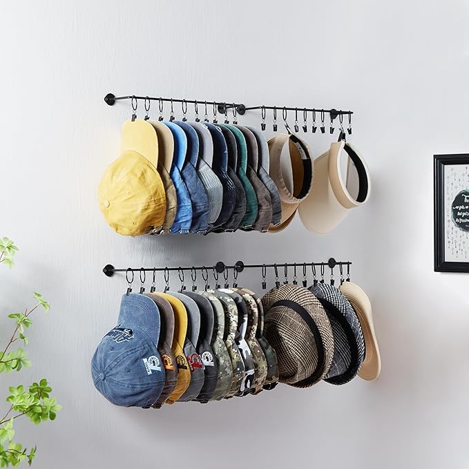 Hat Rack Wall Cap Organizer - Baseball Hat Racks Display Holder with 40 Hooks - Modern Metal Black Hats Storage Wall Mounted Caps Hanger Set of 4 for Closet Door Bedroom Entryway Laundry(Black)