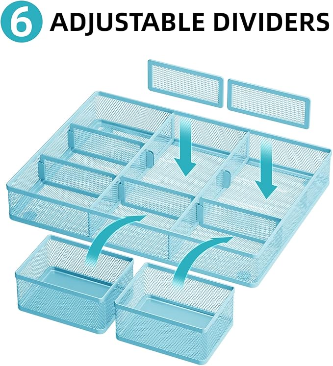 Marbrasse 3 Packs Desk Drawer Organizers, Metal Mesh Dividers with 9 Adjustable Compartments, Pen Organizer for Drawer Tray Box Accessories for Desktop,Kitchen, Makeup(Blue)