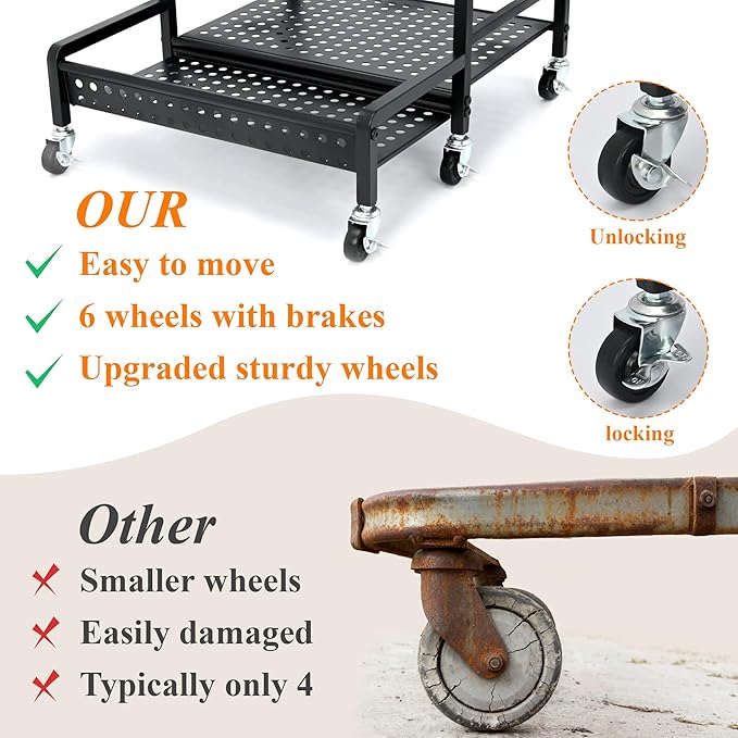 Garden Tool Organizer with Wheels, Heavy-Duty Steel Garage Tool Storage Rack, 360° Rotating Yard Tool Stand for Long-Handled Tools, Lawn Tool Holder for Shovels Rakes Mops Brooms