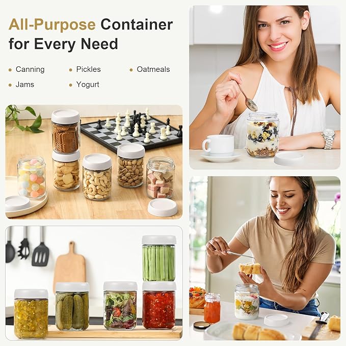NETANY 6-pack 16oz Glass jars with Airtight Lids, Overnight Oats Containers with Lids, Wide mouth Mason Salad jars, Glass Food Storage Containers for Snacks Yogurt Spice Sugar-White