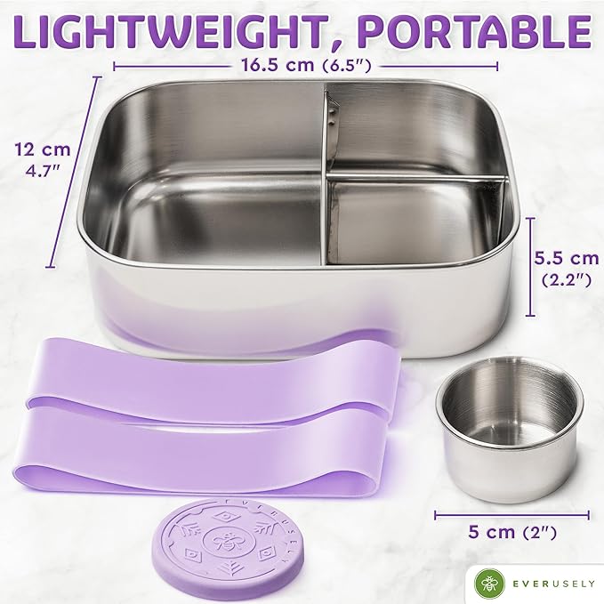 Everusely - Bento Box - Lavender, 27oz / 0.8 L - Stainless Steel Lunch Box with Leakproof Condiment Container - 3 Compartment Snack Organizer for On the Go Meals - Freezer & Dishwasher Safe