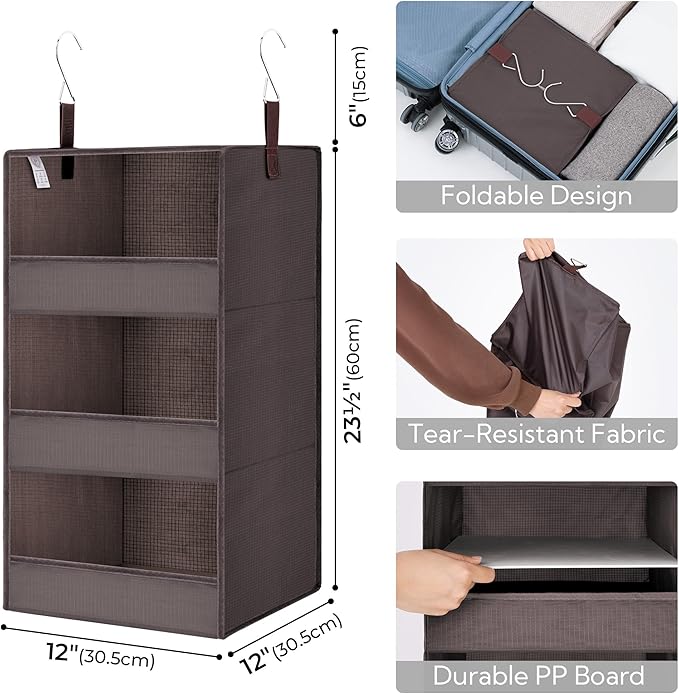GRANNY SAYS 3 Shelf Hanging Closet Organizers and Storage, Collapsible Closet Storage Organizer with 2 Metal Hooks, Leak-Proof Hanging Shelves for Baby Clothes, Sweaters, 2 Pack, Dark Brown