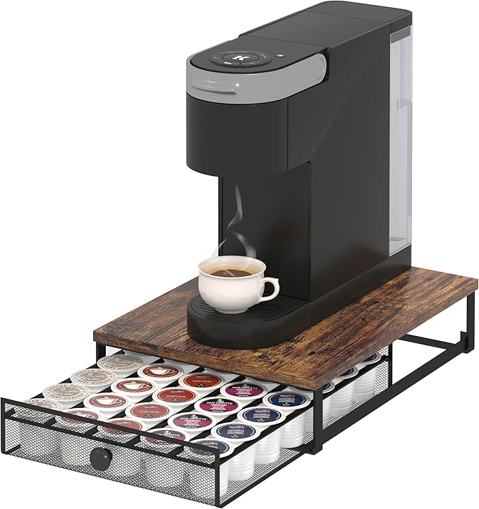 Coffee Pod Holder Counter Coffee Vertuo Capsules Storage Organizer with Sliding Drawer Compatible For 35 K-Cup Pods No Assembly Needed Rustic Brown
