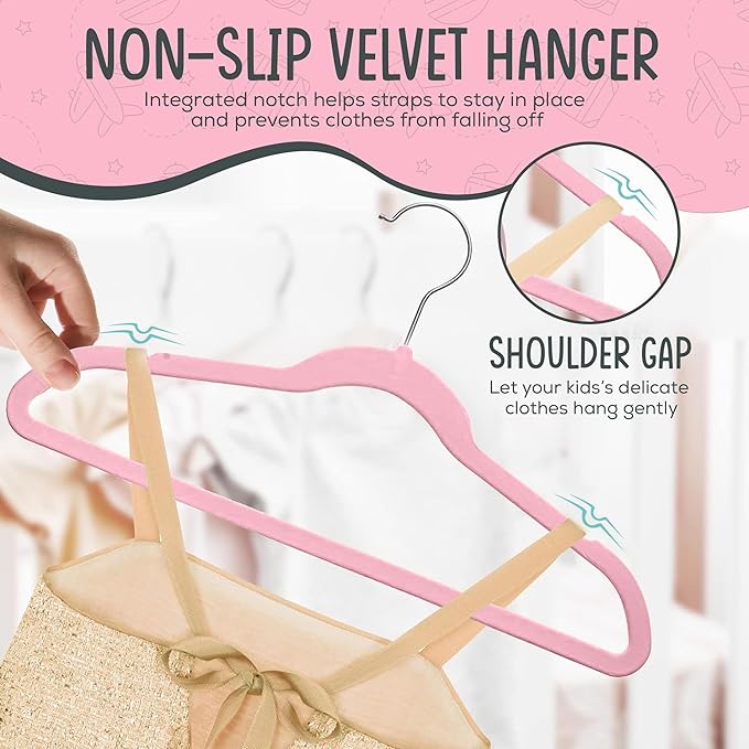 25 Premium Kids Velvet Hangers - 14" Non-Slip Clothes Hangers for Kids & Preteens - Ultra Slim, Space-Saving, Strong & Durable Hangers with 360° Swivel Hook - Pink