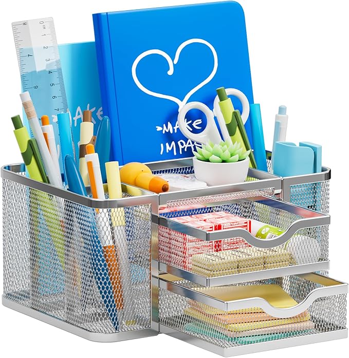 Marbrasse Mesh Desk Organizer, Pen Organizer with 2 Drawer, Multi-Functional Pencil Holder, Desk Organizers and Accessories with 5 Compartments + Drawer for Office Art Supplies (Silver)