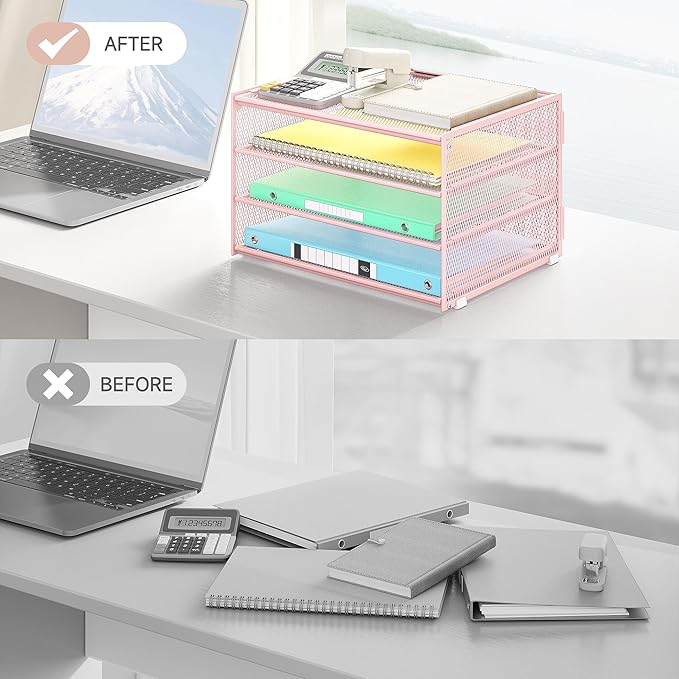 Lavatino 3-Tier Letter Tray Desk Paper Organizer – Pink Mesh Metal File Tray Organizer for Desk, Office Supplies & Home Organization | Fits A4/Letter Paper, Mail, Magazines and Office Accessories