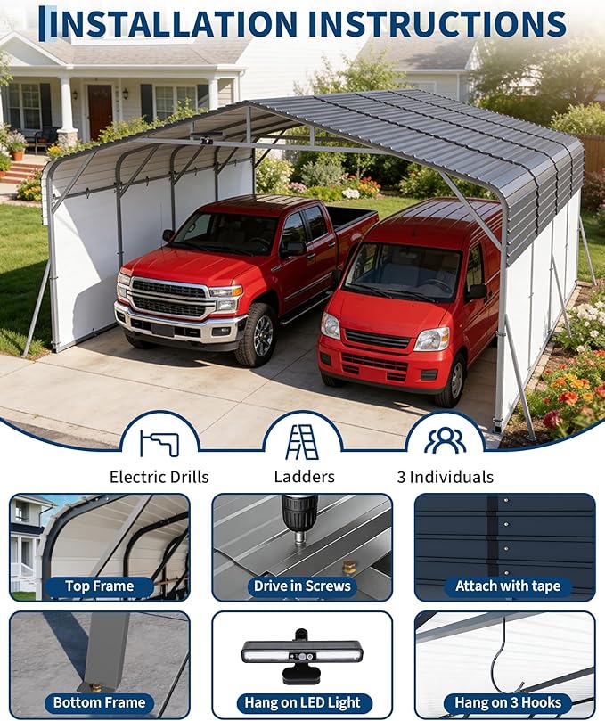 20x20FT Heavy Duty Metal Carport,Outdoor Portable Car Garage w/Led Light,Removable PE Sidewalls,Reinforced Base & Galvanized Steel Roof, Outdoor Car Port Canopy Shelter for Boats,Trucks