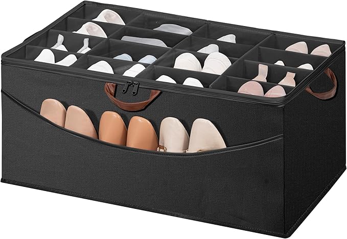 STO STO Shoe Organizer for Closet, Fits Up to 16 Pairs, XL Shoe Box Containers with Adjustable Dividers, Clear Cover Shoe Storage Bins, Stackable Space Saving Shoes Holder for Shoes and Boots, Black