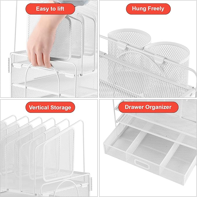 Marbrasse Desk Organizers, 4-Tier Mesh Desk File Organizer with 5 Vertical File Holders and 2 Pen Holders, Multifunction Desktop Organizer,Desk Organizers and Accessories for Home Office (White)