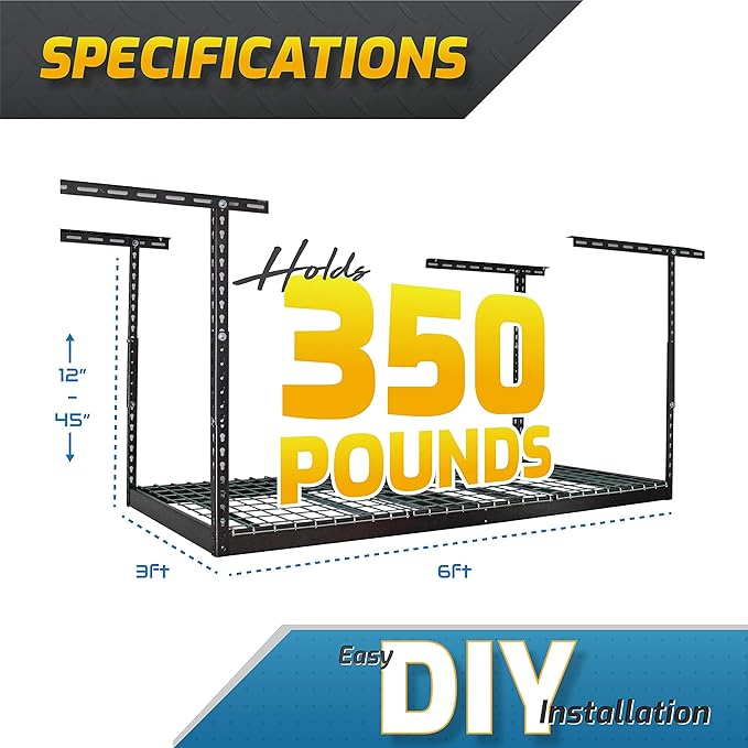 MonsterRax Overhead Garage Storage Rack - Heavy Duty Racks for Garage with 400 lb Capacity, Easy Garage Shelving, Adjustable Storage Rack, Ceiling Mount Storage Shelves 3x6 Hammertone (12"-21")