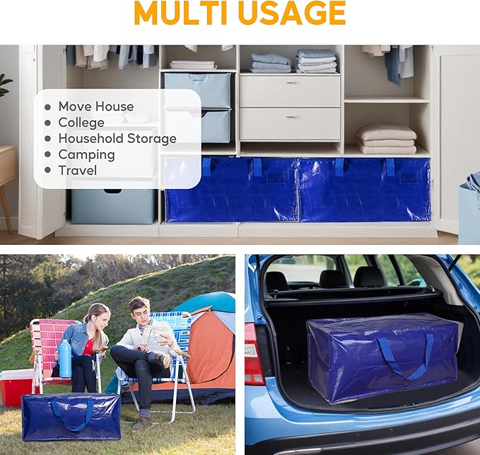 HealSmart 4 Pack Extra Large Moving Bags with Zippers & Carrying Handles, Heavy-Duty Storage Tote Moving Boxes for Dorm Room Essentials Storage Bags, Blue