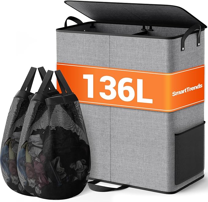 Large Double Laundry Hamper with Lid, Removable Bags & Reinforced Handles, 2 Section Tall Laundry Basket, Dirty Clothes Hampers for Laundry Room, Bedroom, Bathroom, Dorm, 136L, Gray