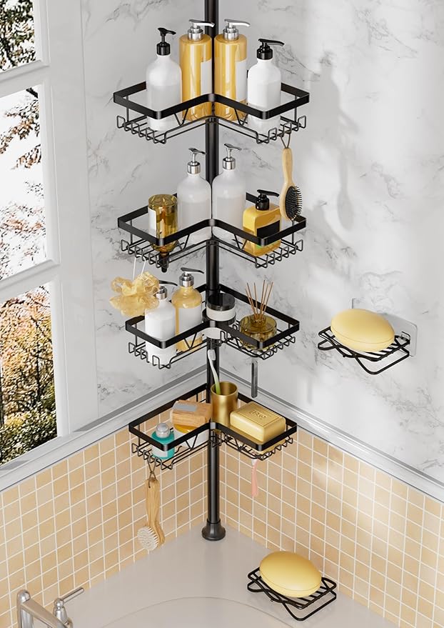 Corner Shower Caddy + 2 Soap Holders, 4 Tier Shower Caddy Tension Pole Stainless Steel Black, Extends 25-114.2 Inches, for Bathroom Organizers and Storage, Renter-Friendly and Gift Idea