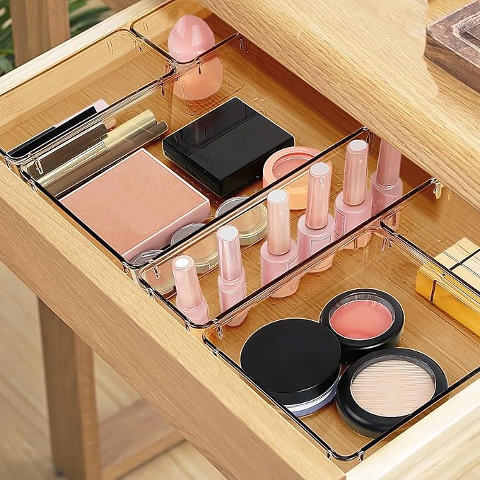 13 PCS Drawer Organizer Set, 5 Varied Size Bathroom and kitchen Drawer cabinet organizer Trays, Clear Storage Bins for Makeup, Jewelry, Utensils and Gadgets, Champagne