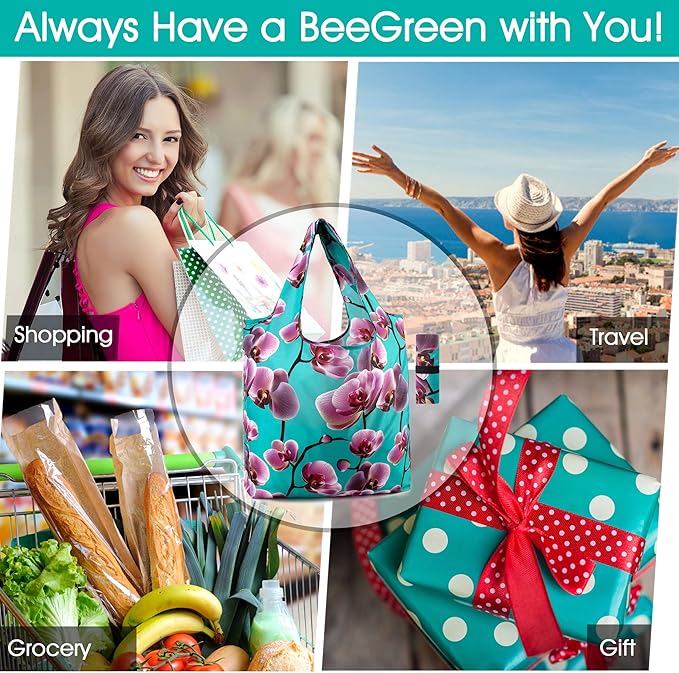 BeeGreen 10 Pack Washable Floral Grocery Bags for Shopping Reusable Tote Bags Extra Large 50LBS Cute Flower Design Foldable Reusable Bags for Women Men Lightweight Durable