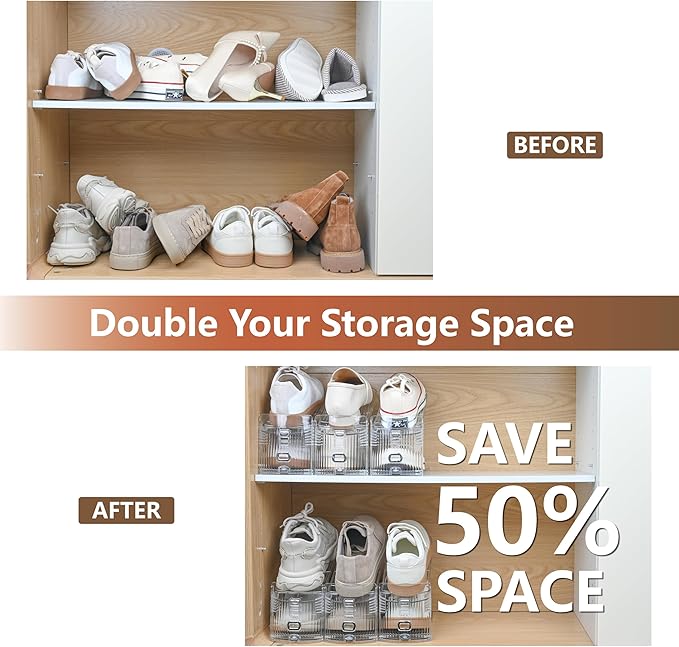 12-Pack Shoe Slots Organizer for Closet, Space Saving Shoe Stacker with Adjustable Height, Double Deck Shoe Storage for Small Spaces, Clear & Sturdy (Transparent)