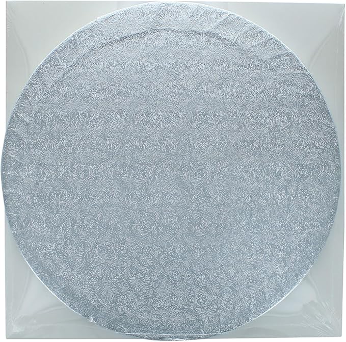 DecoPac 12" Round Silver Cake Drum Board & White Cake Box Combo, 12 Inch Square Bakery Box and Matching Cake Circle Set For Cake, Dessert, Pie, And Cookie Transport (Pack of 2)
