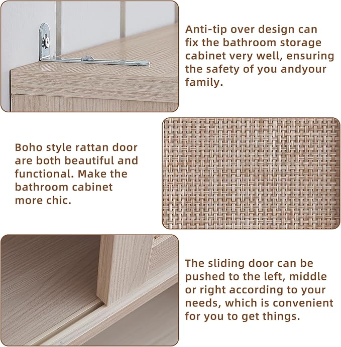 LEYAOYAO Rattan Over The Toilet Storage Cabinet, Farmhouse Over Toilet Bathroom Organizer with Sliding Door, 68" Tall Freestanding Washer Shelf with Adjustable Shelf & Curved Profile, Grey White