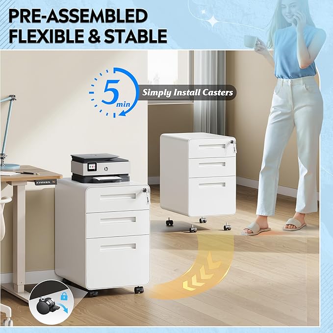 DEVAISE 3-Drawer Metal File Cabinet with Lock, Mobile Filing Cabinet Under Desk for Home Office, Fully Assembled Printer Stand fits Letter/Legal Size, 20" D x 15.8" W x 25" H, White