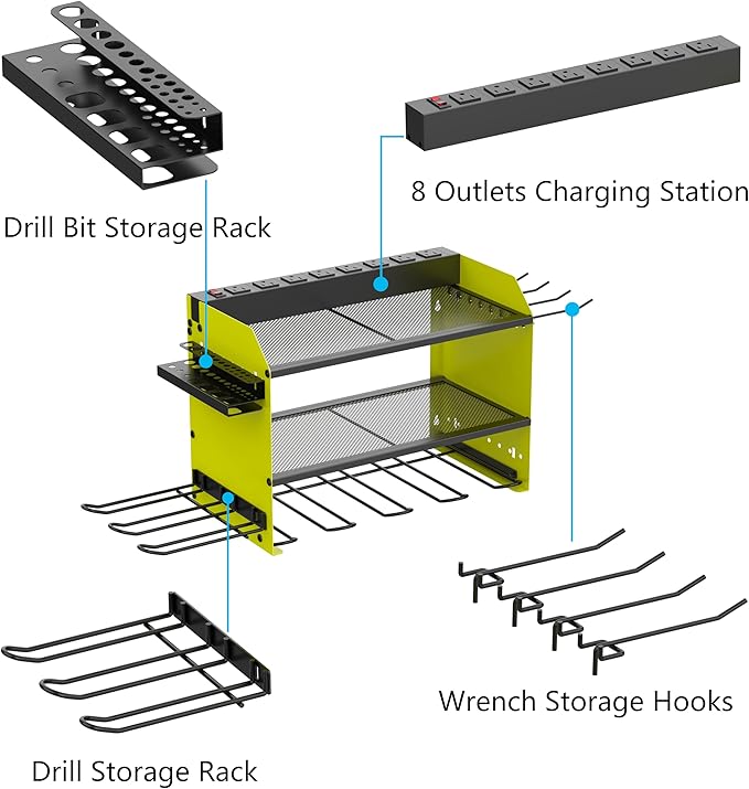 Wall Mount Drill Storage Rack with Charging Station Power Tool Organizer Drill Holder Drill Bit Organizer for Garage Workshop Holds 4 Drills with 8 Outlet Power Strip Christmas Gift(Green Three Layer)