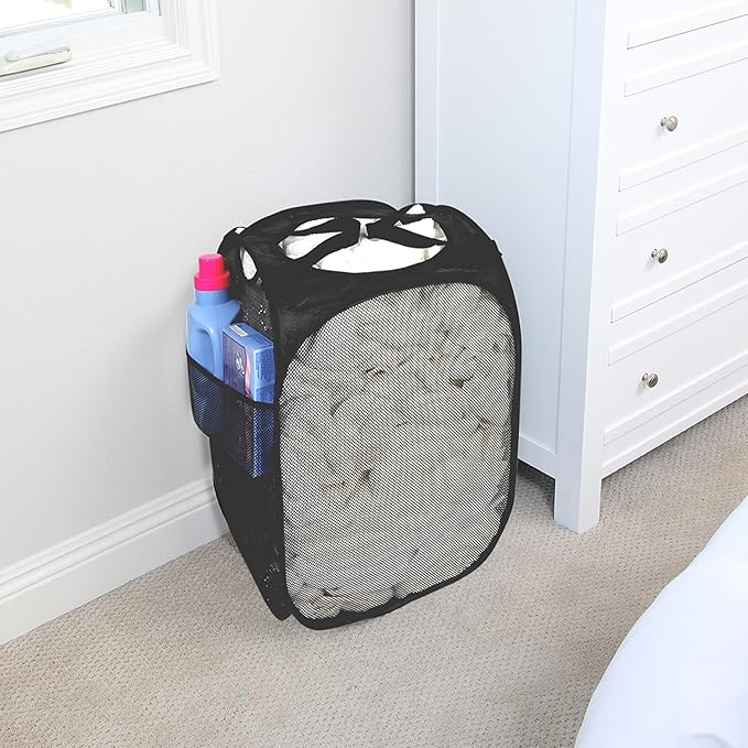 Smart Design Deluxe Mesh Pop Up Square Laundry Hamper w/ Side Pocket & Handles - VentilAir Fabric Collapsible Design - for Clothes & Laundry - Home - (Holds 2 Loads) (14 x 23 Inch) [Black]