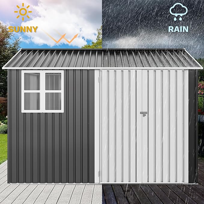 DWVO 10x8ft Large Tool Storage Shed with Window, Lockable Doors, and Sloped Roof, Oversized Steel Outdoor Storage Shed for Garden, Patio, Garage, Backyard, Lawn - Gray & White