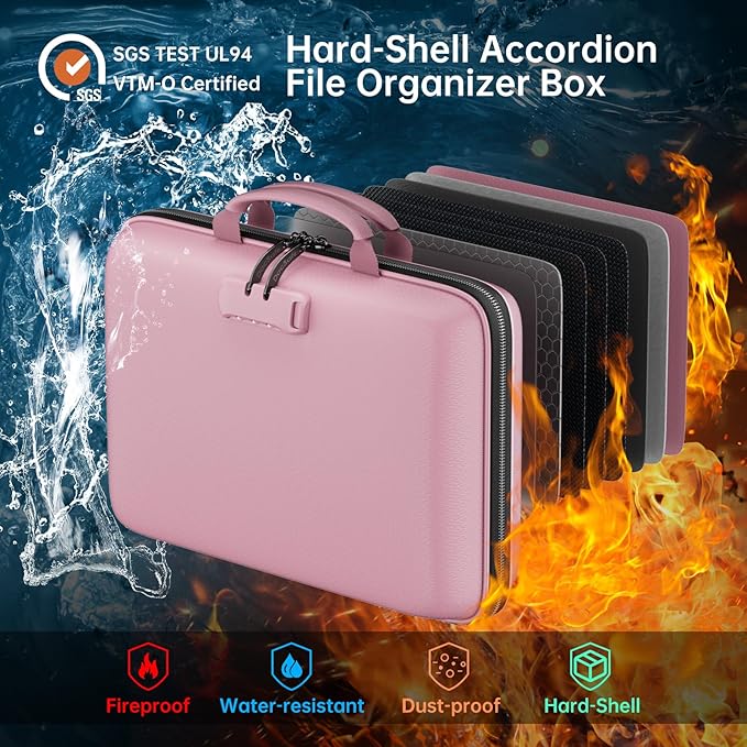 DocSafe Fireproof File Organizer with Lock, Hard-Shell Case Fireproof Document Box with 13 Pocket Accordion File Folder, Portable Home Office Travel Safe Storage for Important Documents Laptop Pink