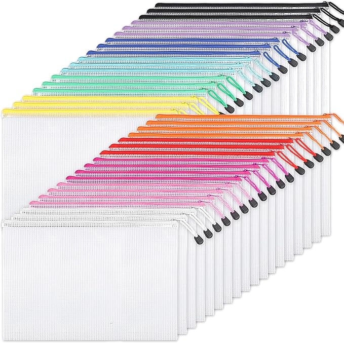 EOOUT 36pcs Mesh Zipper Pouch Bags A4 Size Board Game Storage Plastic 11 Colors Letter Size Puzzle Organizer and Office Supplies