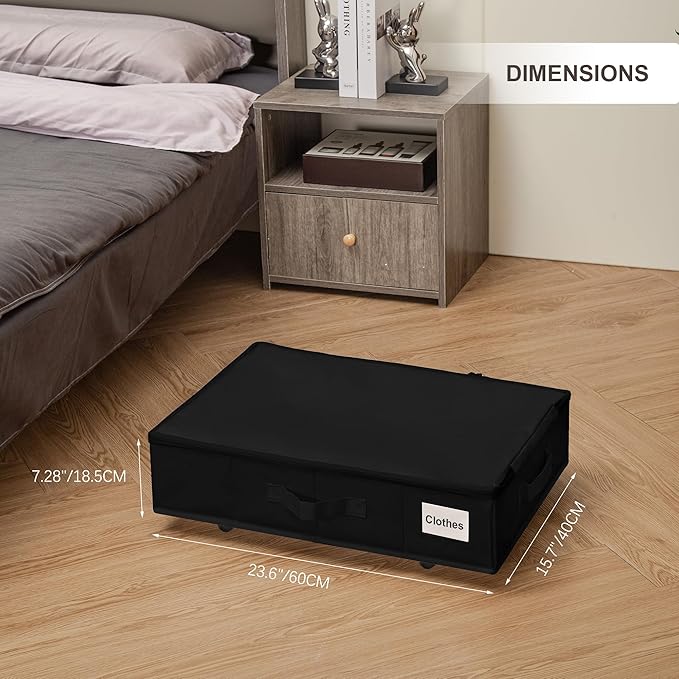 Under Bed Storage with Wheels, 2 Pack Under Bed Storage Containers with Label Holders for Clothes, Shoes and Blankets, Rolling Underbed Shoe Organizer with Cover, Black (23.6 x 15.7 x 7.28 in)