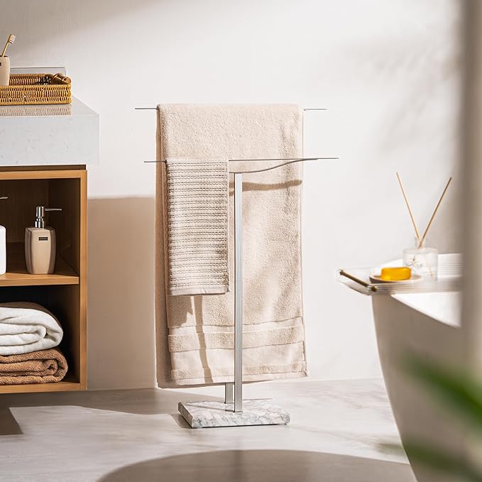 Bathroom Towel Rack Freestanding Floor Stand: Brushed 33in 2‑Bar Weighted Marble Base Towel Holder, Rustproof 304 Stainless Steel Drying Rack for Bath&Hand Towels, No‑Drill Slim Organizer, Spa Pool