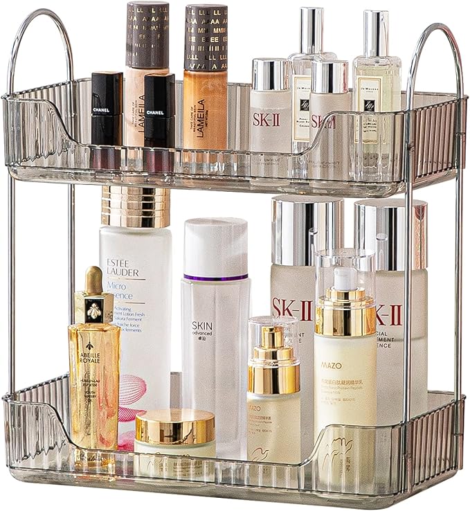 Bathroom Counter Organizer - Countertop Storage, Cosmetics & Skincare Shelf, Makeup Organizer, Perfume Tray, Spice Rack for Kitchen (2 Tier - Grey)