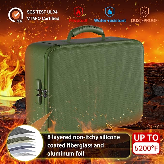 DocSafe 5200°F Document Organizer with Lock,Upgraded Heat Insulated Fireproof＆Waterproof Box 8 Layers File Organizer,Portable Home Travel Safe Storage for Important Documents, Files,Green (Soft)