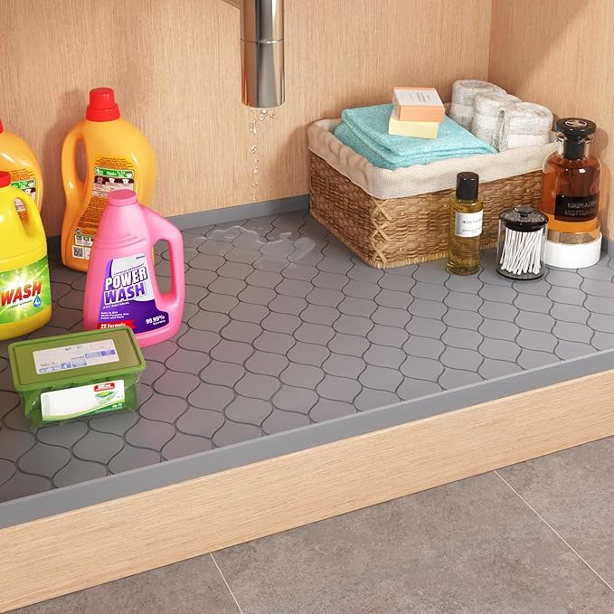 Silicone Under Sink Mat 28" x 22", kitchen Essentials and Gadgets, Shelf liner and Cabinet Protector, Home Organizers and Storage, Waterproof Bathroom Tray