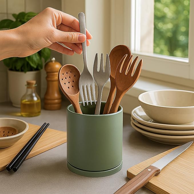 D'vine Dev 360° Rotating Utensil Holder – 5" Kitchen Utensil Crock for Countertop, Modern Cooking Tool Organizer for Kitchen Storage & Décor, Olive, 72-X-C-1